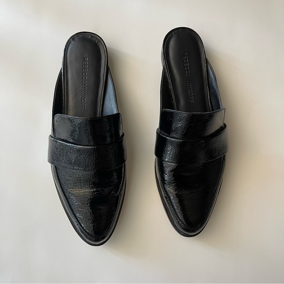 Rebecca Minkoff Black Semi Pointed Toe Patent Leather Slip On Mika Mules 7 M - Picture 2 of 8